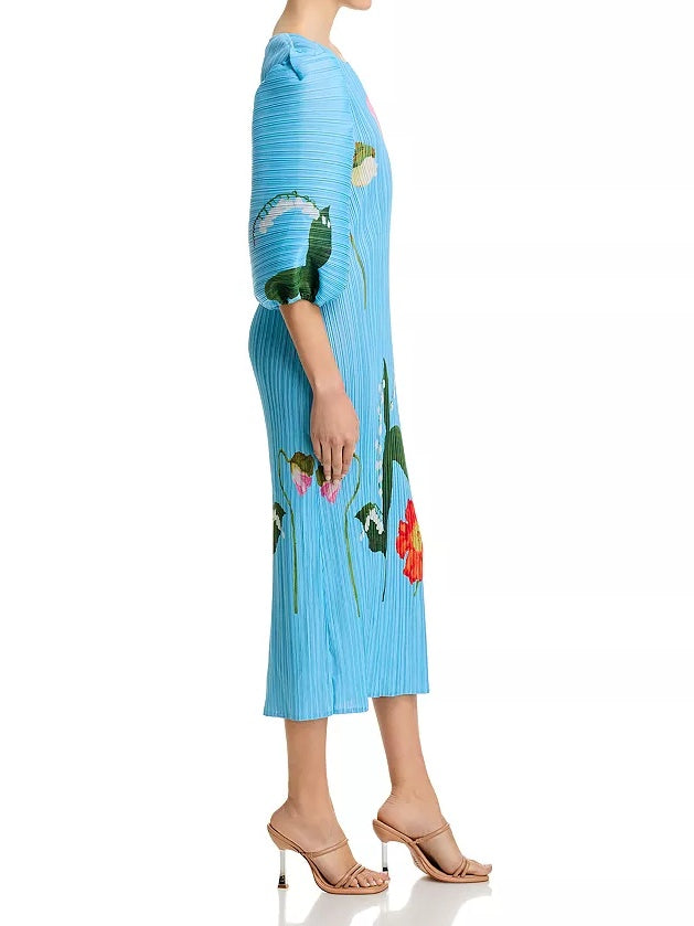 Floral Print Crinkled Puff Sleeve Dress