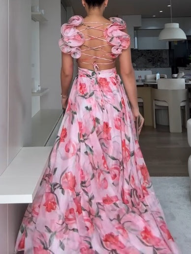Pink Chiffon Ruffle Print Dress