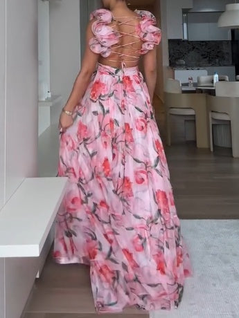 Pink Chiffon Ruffle Print Dress