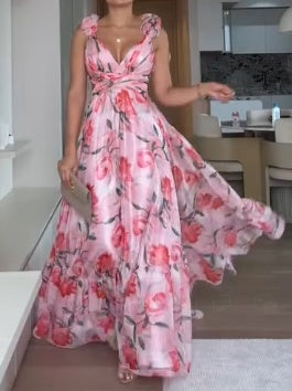 Pink Chiffon Ruffle Print Dress