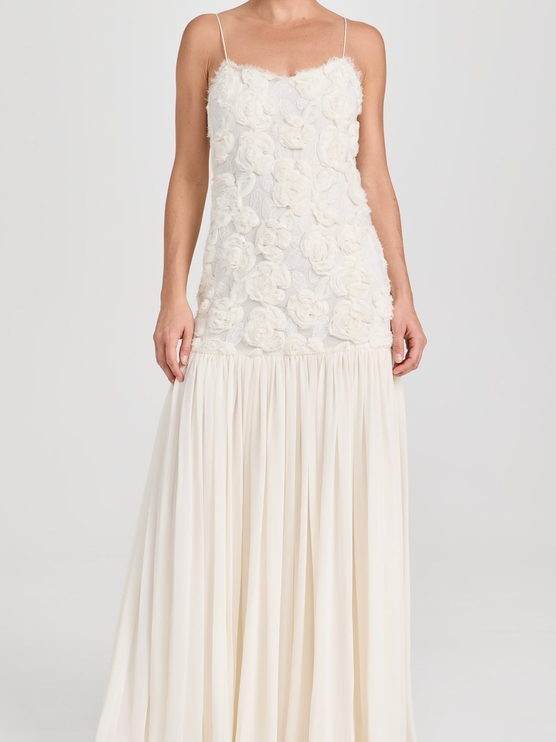 Floral Applique Pleated Chiffon Maxi Dress