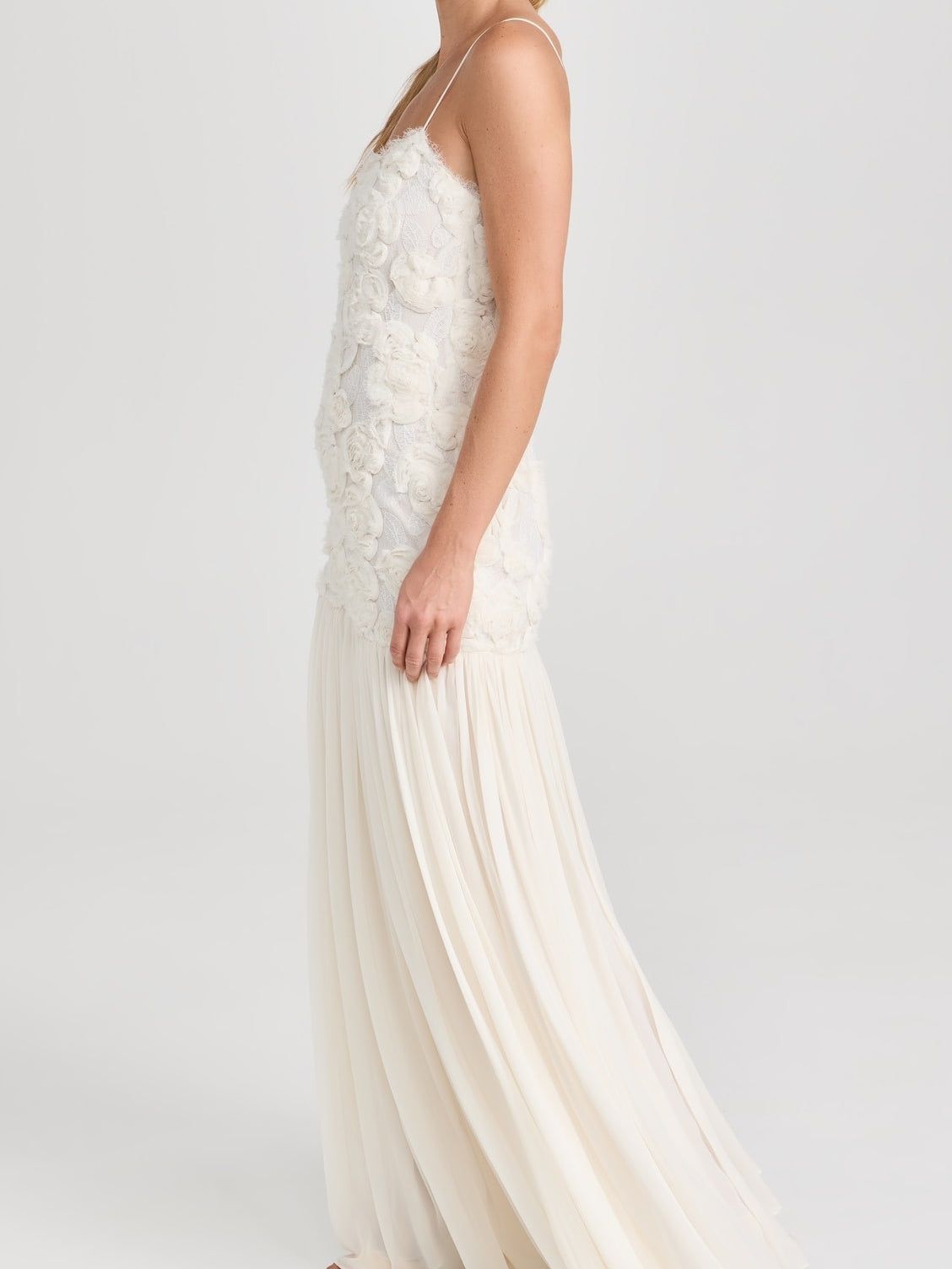 Floral Applique Pleated Chiffon Maxi Dress