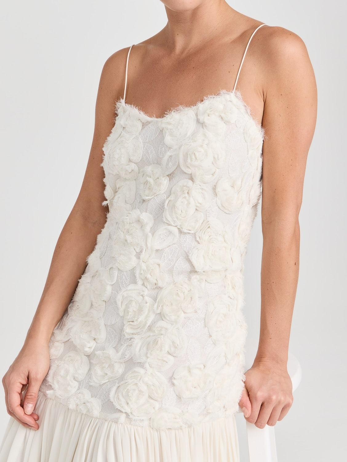 Floral Applique Pleated Chiffon Maxi Dress