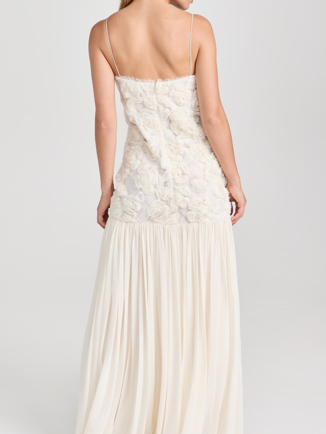 Floral Applique Pleated Chiffon Maxi Dress
