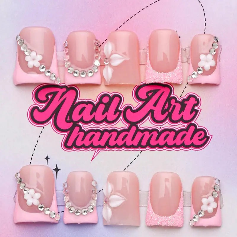 Y2K Style Rhinestone & Faux Pearl Decor Fake Nails, 10pcs/set Fashion Press On Nails For Women & Girls DIY Nail Art Beauty Products, Nail Charms