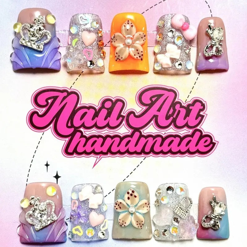 Y2K Style Rhinestone & Faux Pearl Decor Fake Nails, 10pcs/set Fashion Press On Nails For Women & Girls DIY Nail Art Beauty Products, Nail Charms