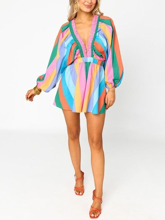 Casual V Neck Long Puff Sleeve Plaid Jumpsuit