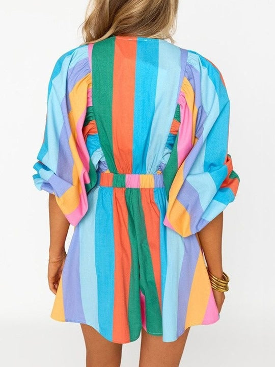 Casual V Neck Long Puff Sleeve Plaid Jumpsuit