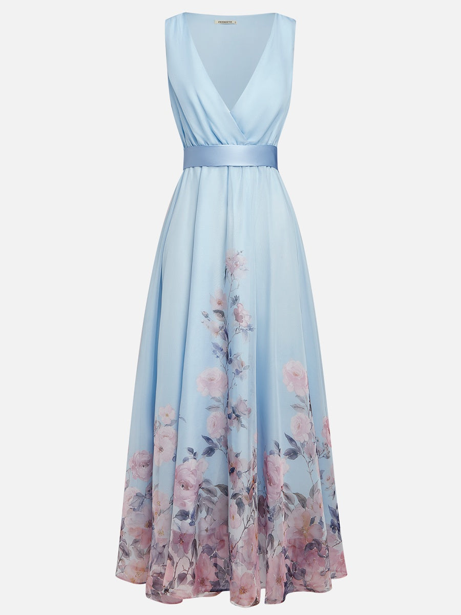 Light Blue Floral Chiffon V Neck Sleeveless A-Line Maxi Dress