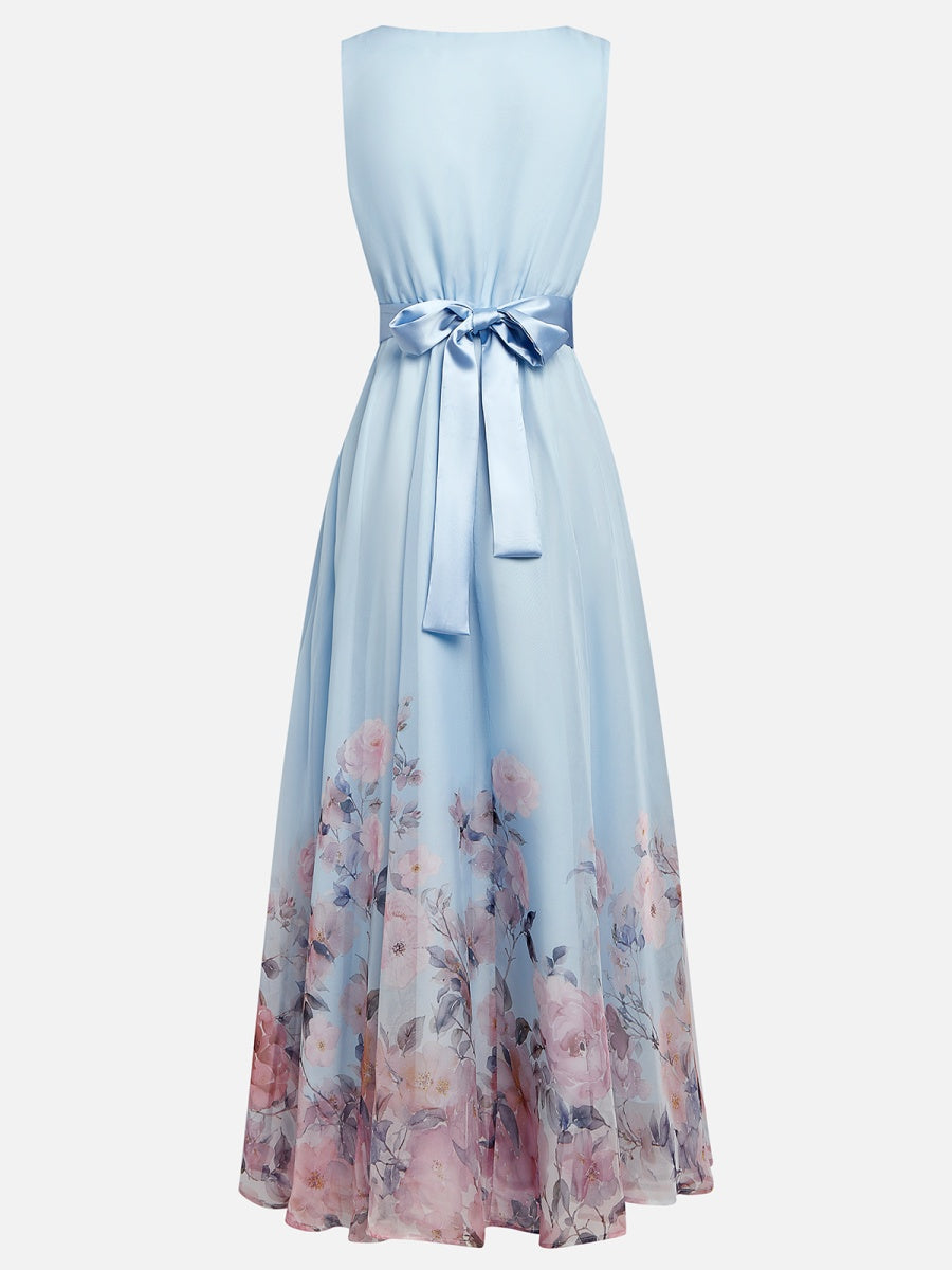 Light Blue Floral Chiffon V Neck Sleeveless A-Line Maxi Dress