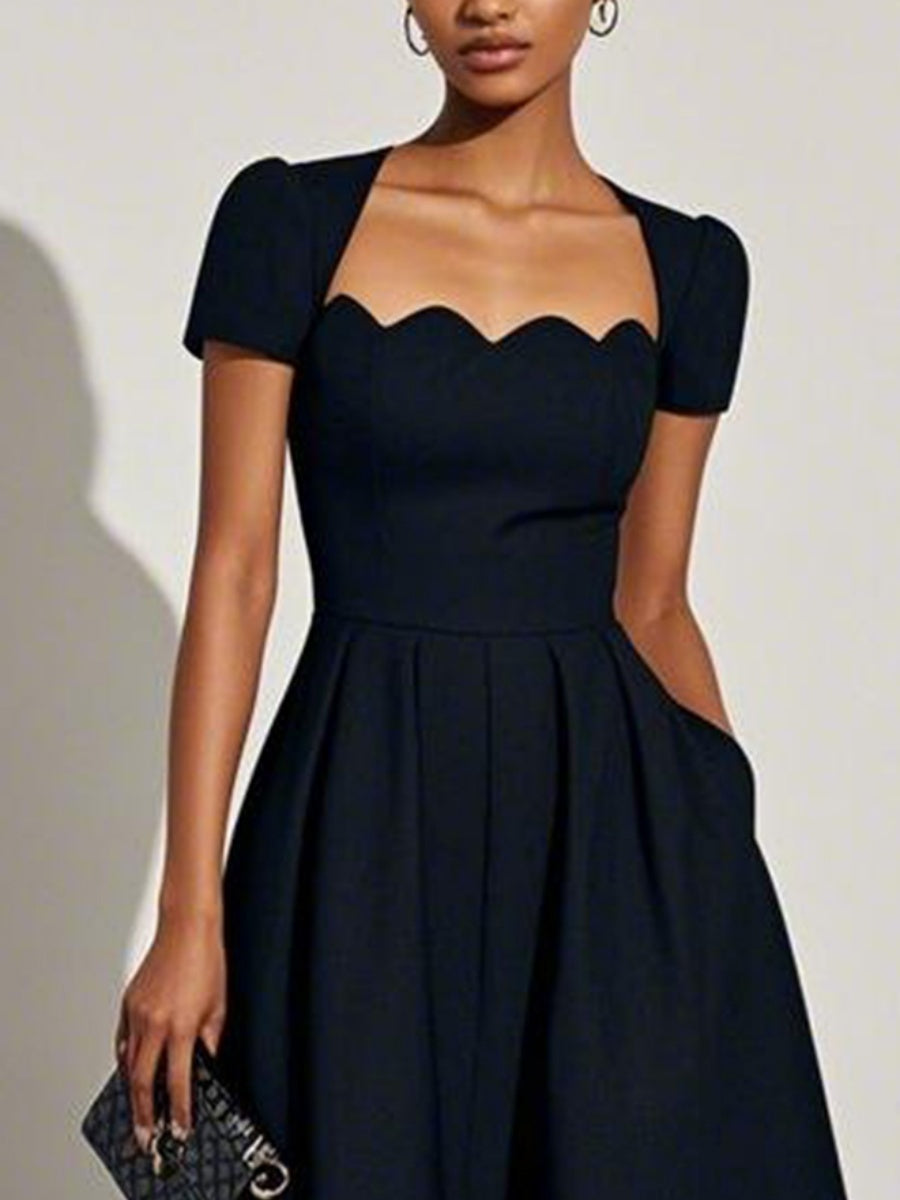 Scalloped Square Neck Short Sleeve Midi Dress