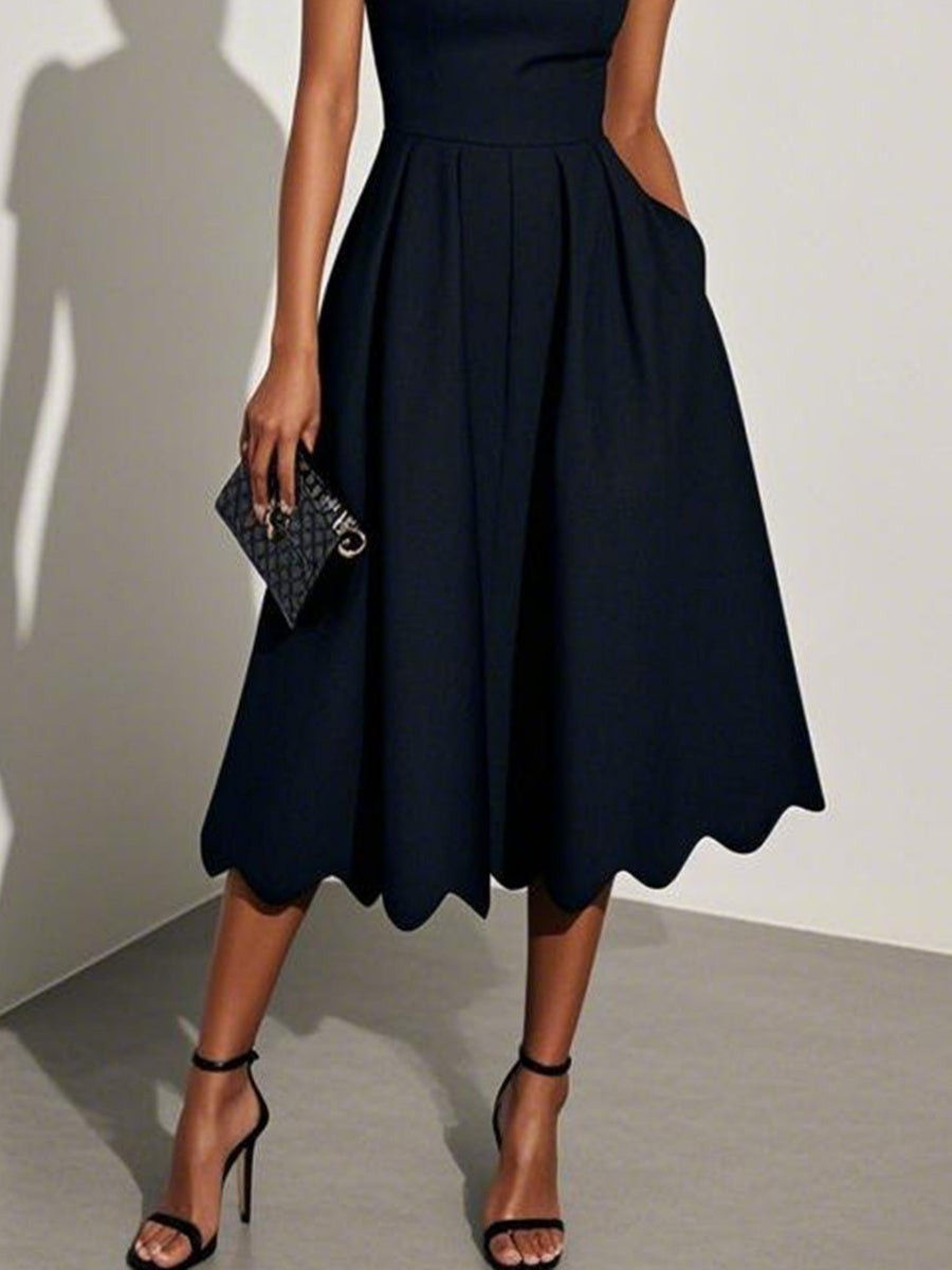 Scalloped Square Neck Short Sleeve Midi Dress