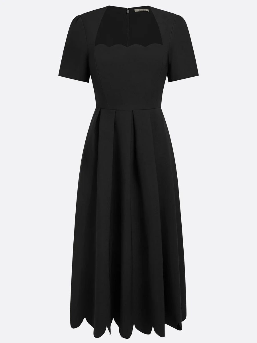 Scalloped Square Neck Short Sleeve Midi Dress