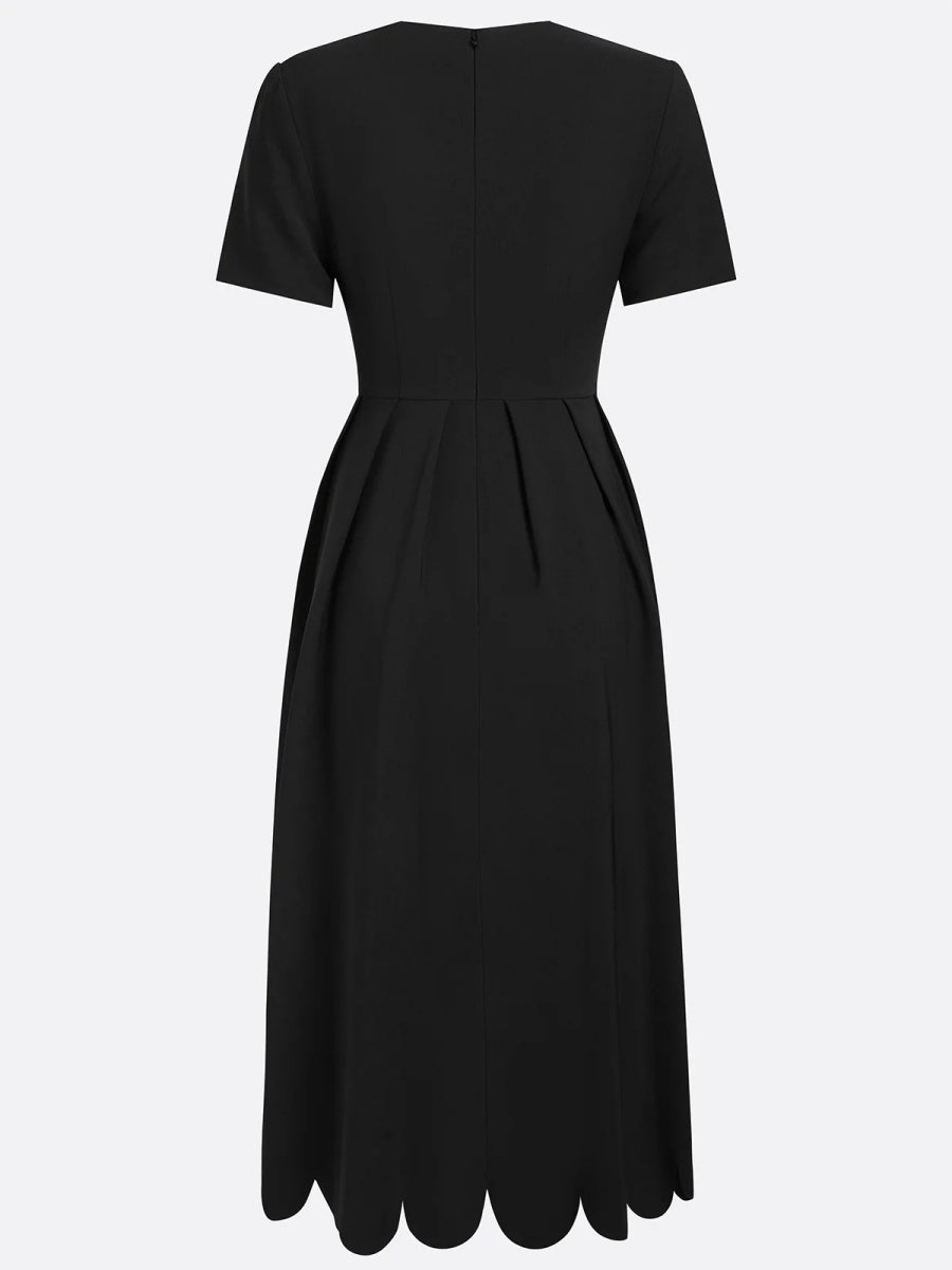Scalloped Square Neck Short Sleeve Midi Dress