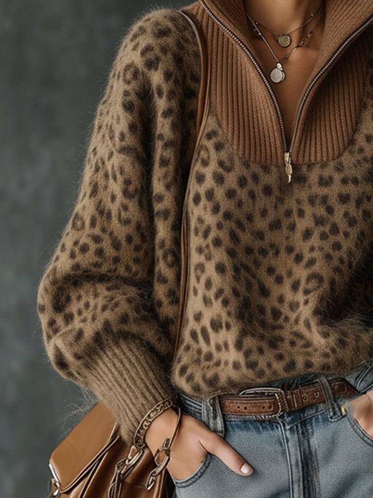 Leopard Print Zip-Up Sweater
