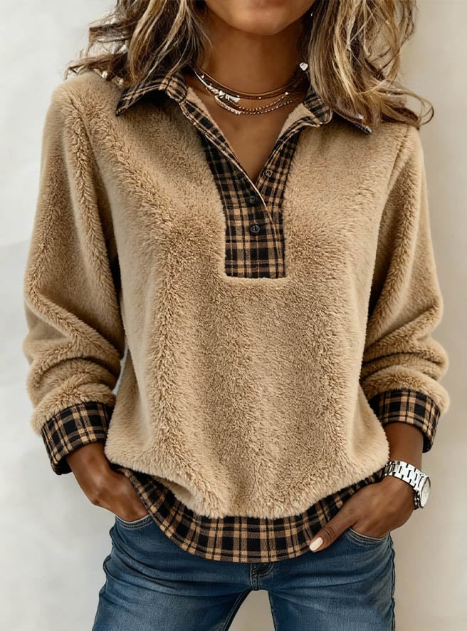 Cozy Faux Sherpa Plaid Top With Contrast Checkered Collar