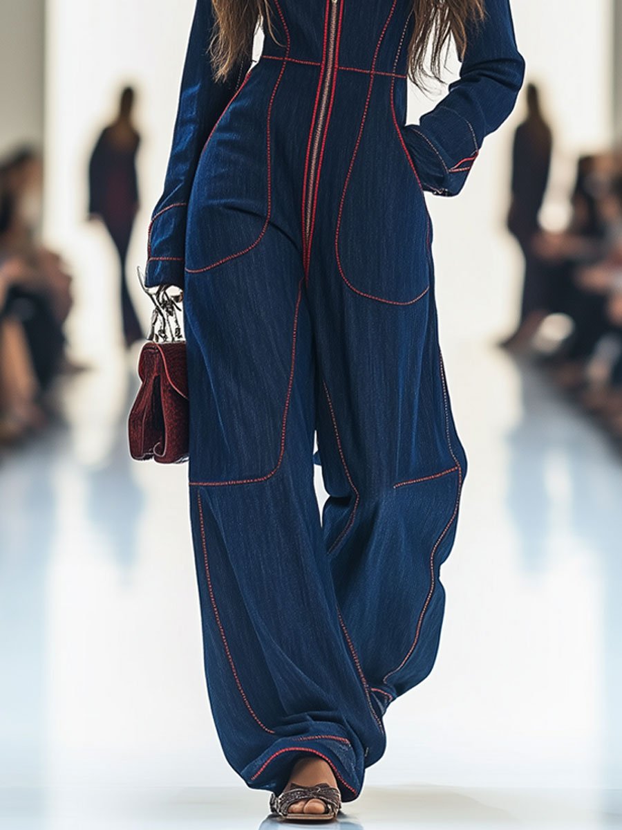 Denim Wide Leg Long Sleeve Jumpsuit