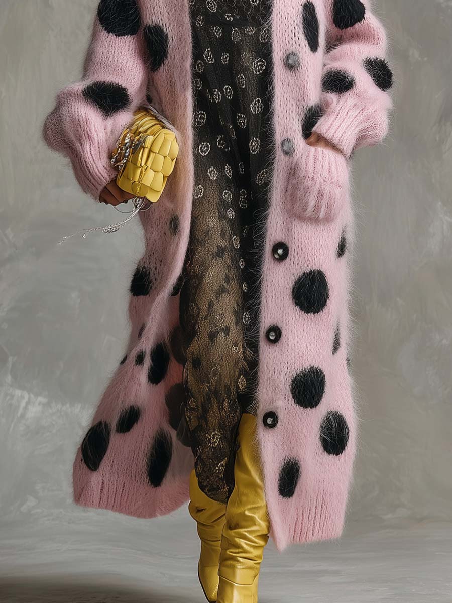 Pink Imitation Rabbit Fur Knitted Long-sleeved Cardigan