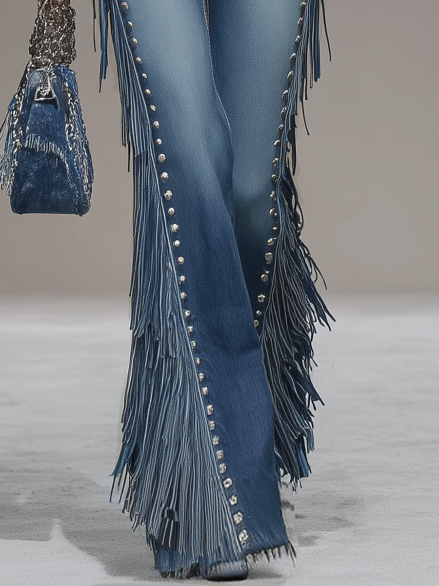 Blue Denim Side Tassel Rivet Flared Pants