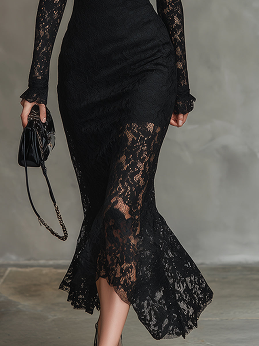 Black Stretch Lace Fishtail Maxi Dress