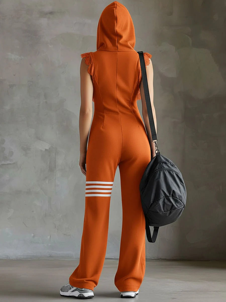 Sporty Retro Lace Striped Sleeveless Hooded Jumpsuit