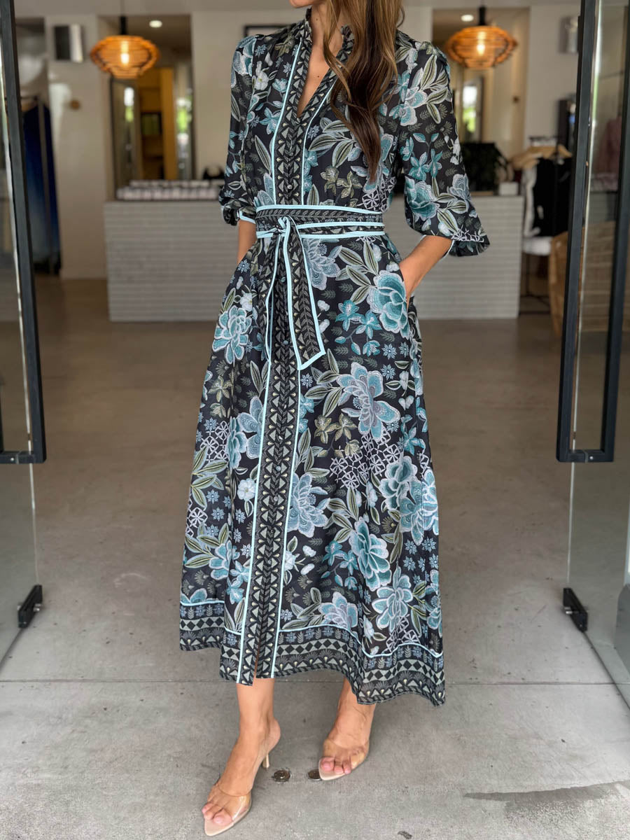 Elegant Printed Belted Maxi Dress