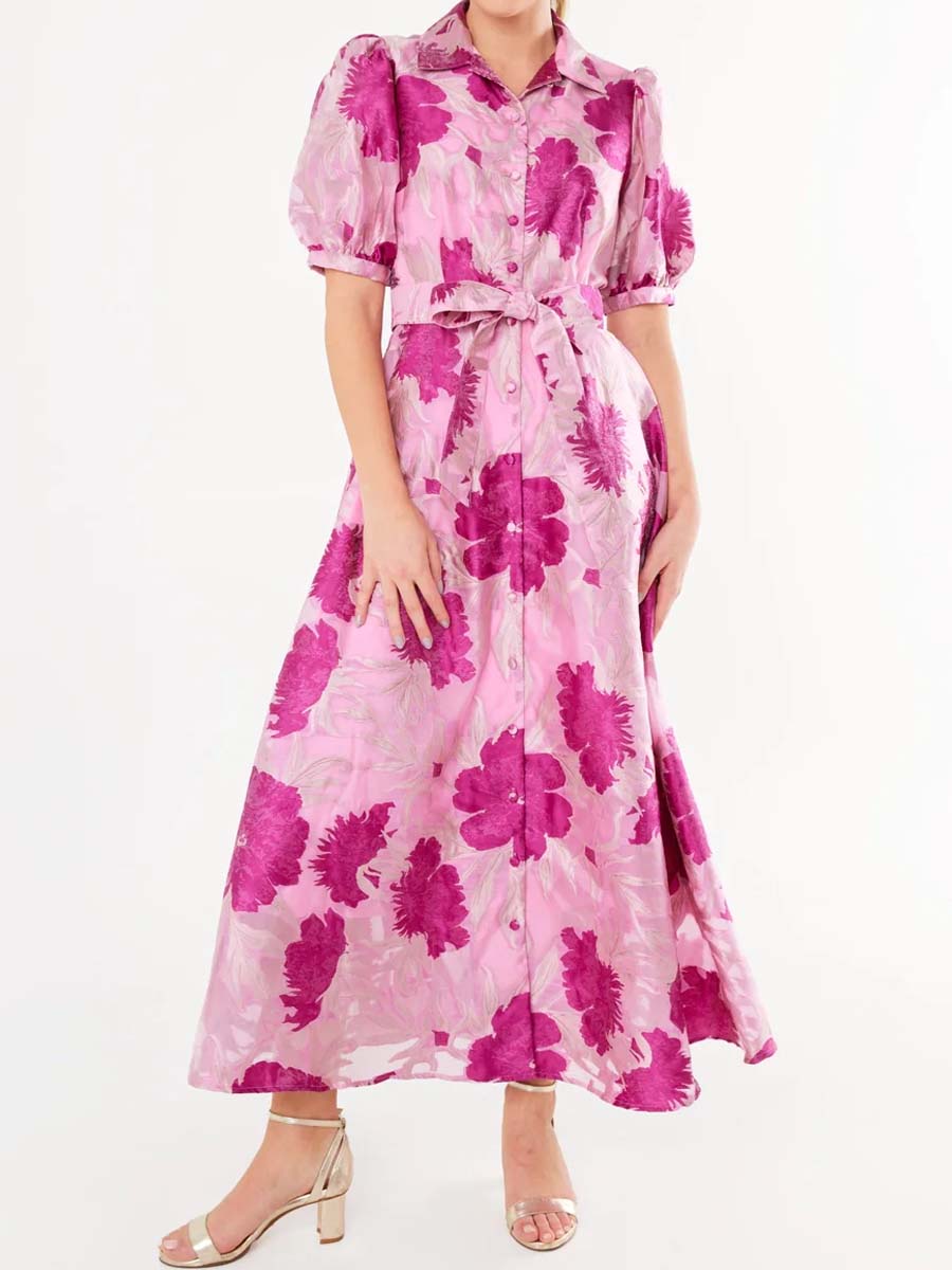 Elegant Printed Short Sleeve Belted Dress