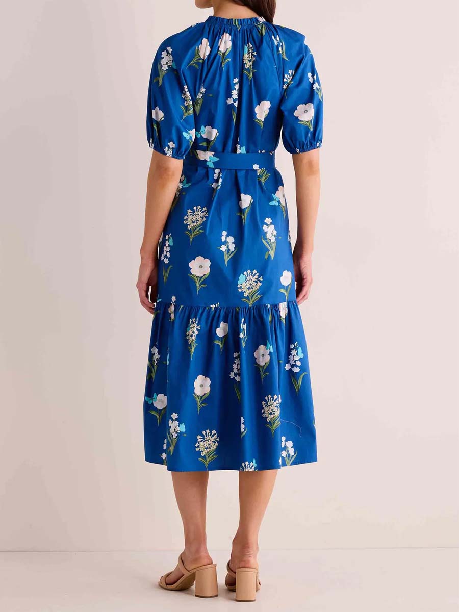 Floral Print Band Collar Belted Dress