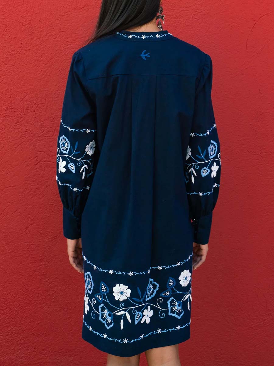 Embroidered V Neck Long Sleeve Dress