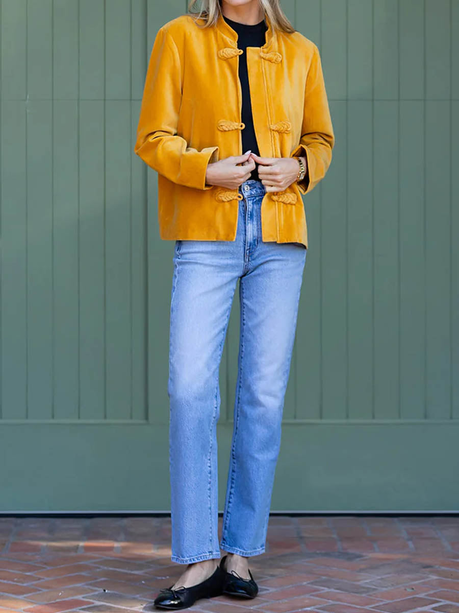 Mandarin Collar Knot Frog Slosures Velvet Jacket