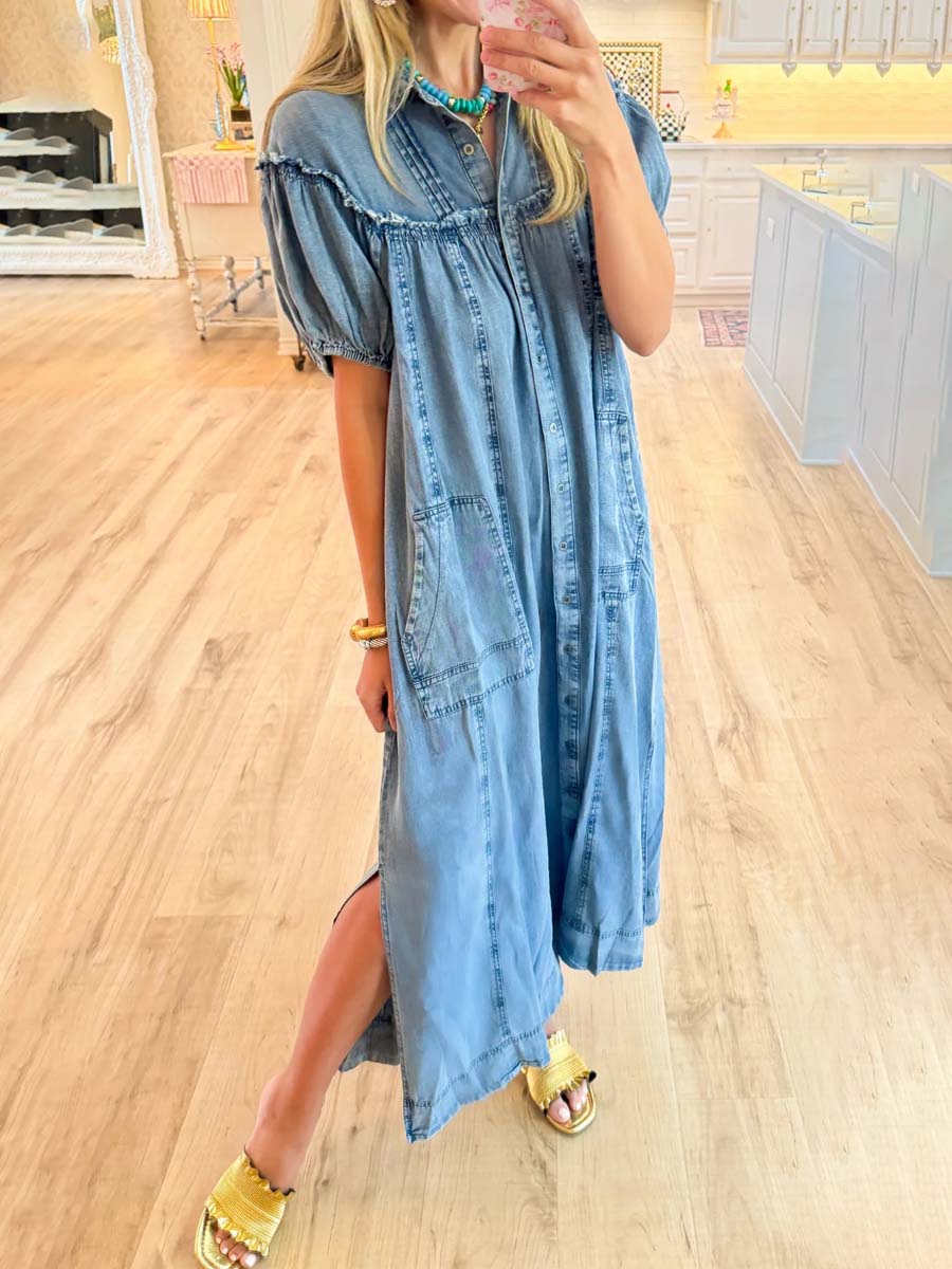 Collard Neck Short Puff Sleeve Denim Dress