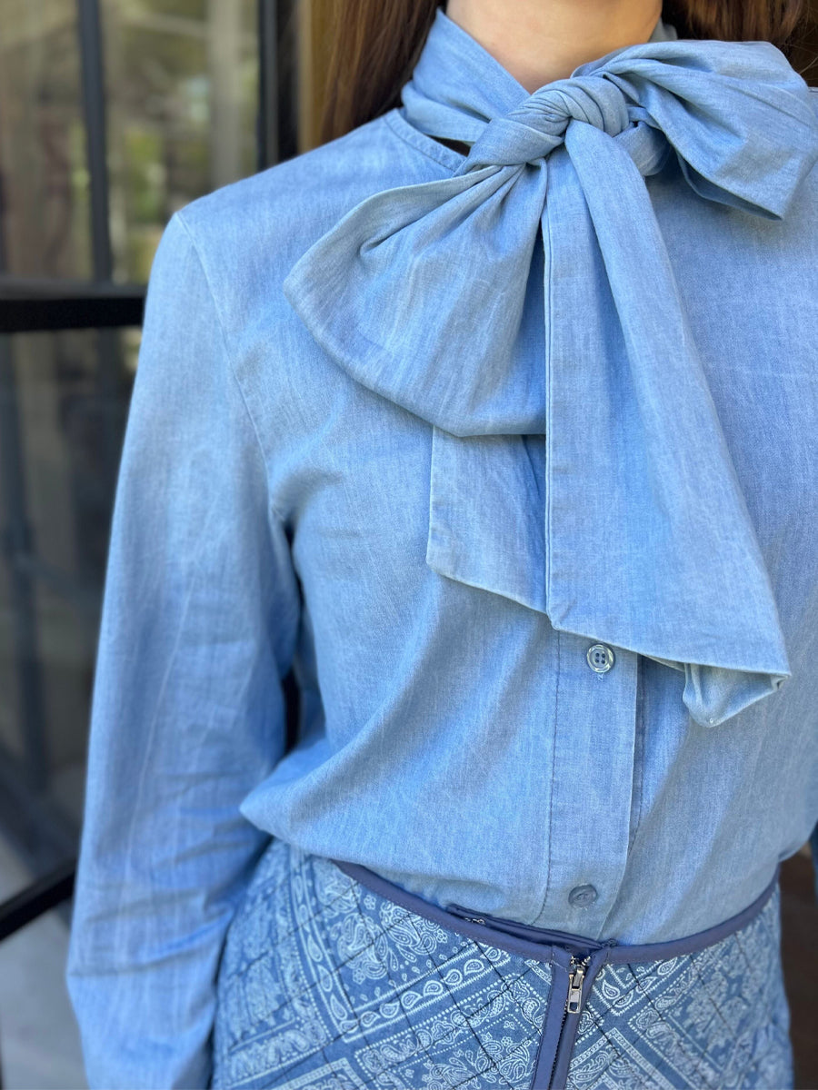 Denim Blouse With Bow Style Neck