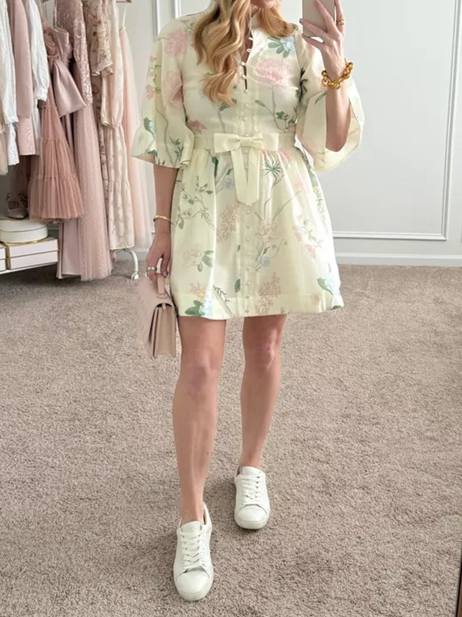 Floral Print Mandarin Collar 3/4 Full Sleeve Dress