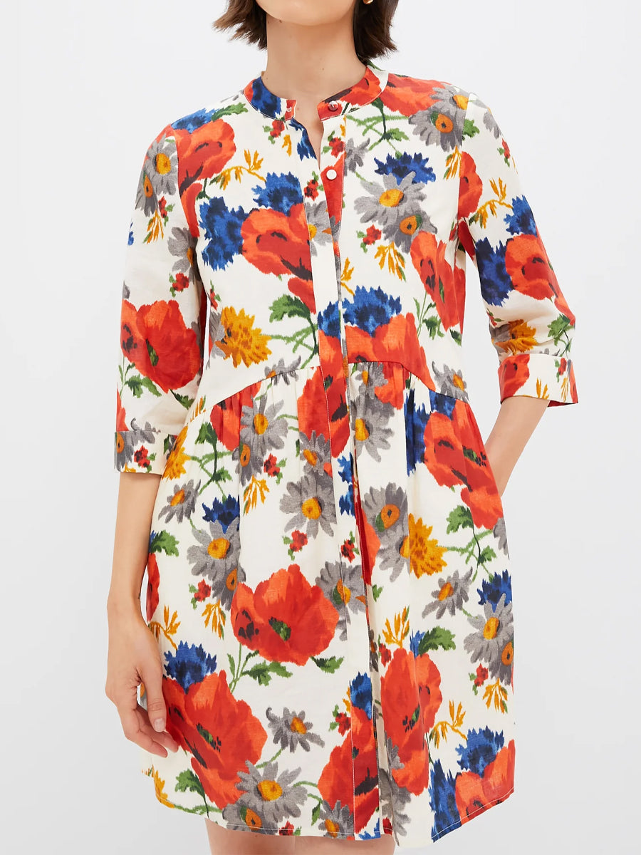 Band Collar Printed Elbow Length Sleeve Dress
