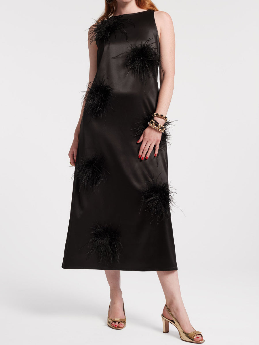 Faux-Feather Poof Accents Maxi Dress