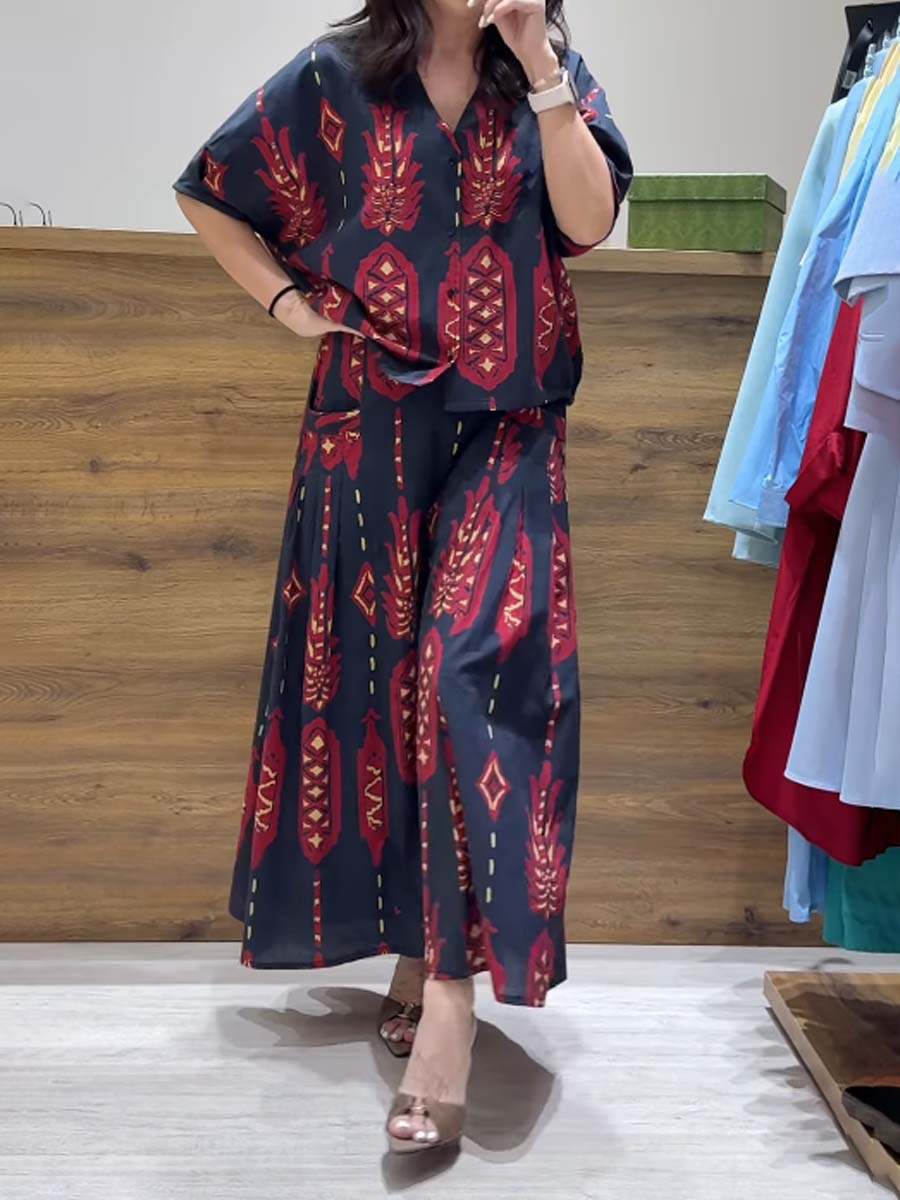 Printed V Neck Loose Two Pieces Set