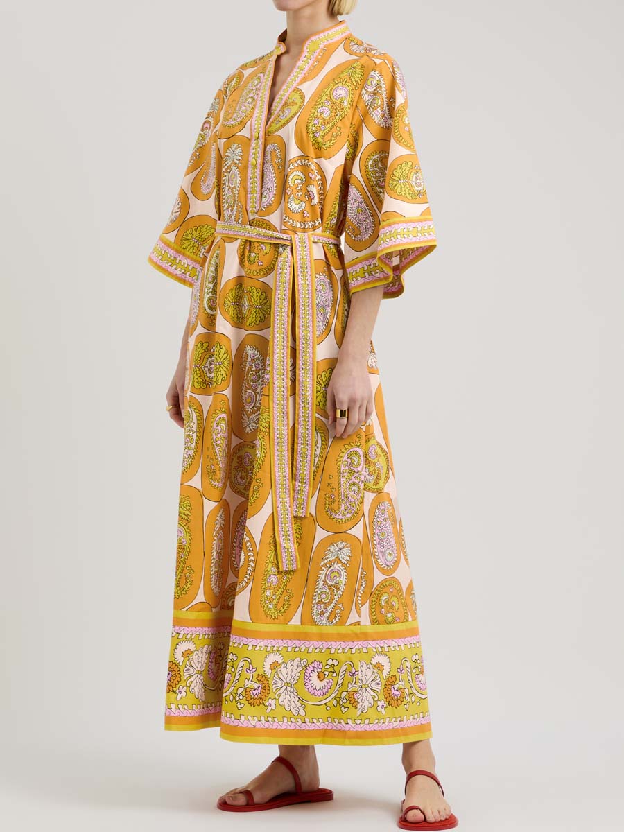 Printed Belted V Neck Maxi Dress