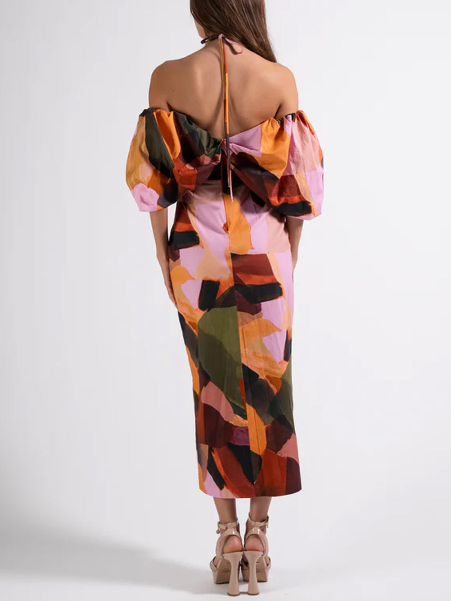 Printed Bow Tie Neck Detail Dress