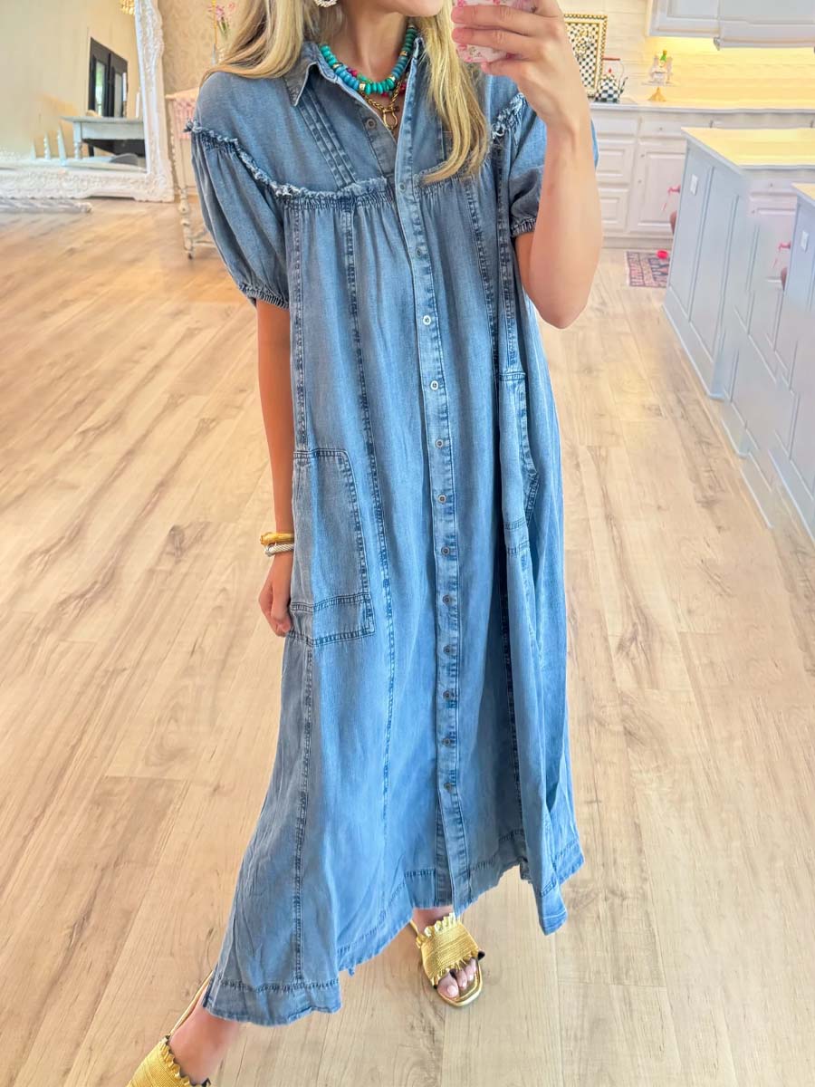Collard Neck Short Puff Sleeve Denim Dress