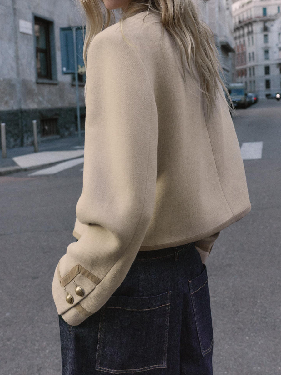 High Neck Shoulder Pads Contrasting Trim Jacket