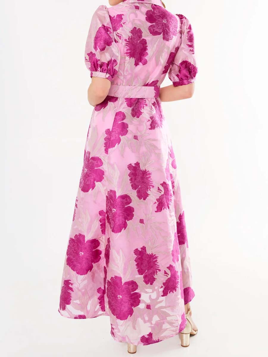 Elegant Printed Short Sleeve Belted Dress