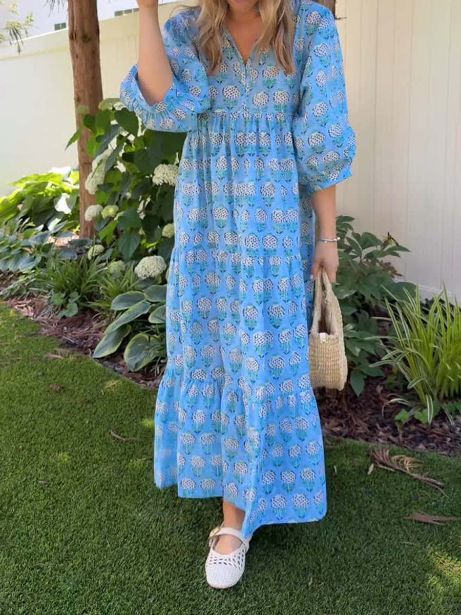 Split Neck Printed Balloon Sleeve Loose Dress