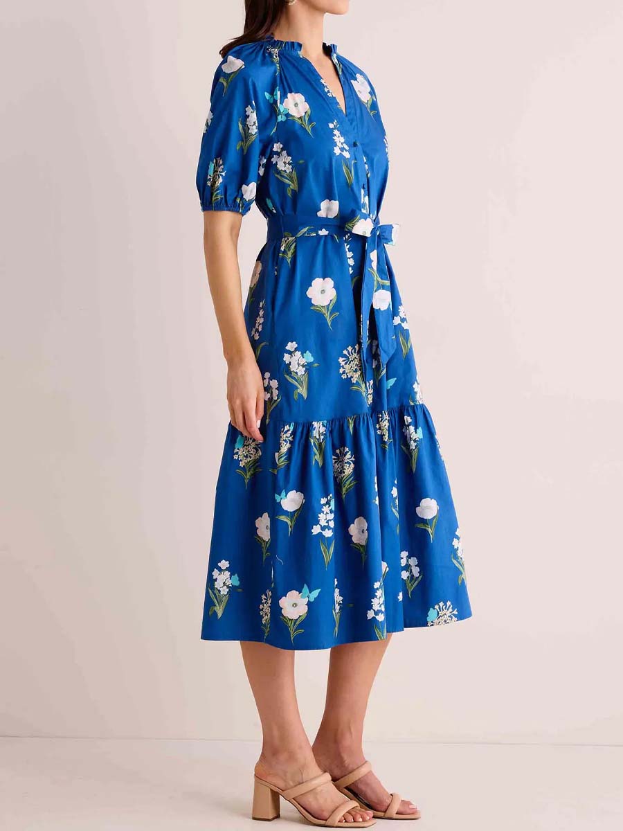 Floral Print Band Collar Belted Dress