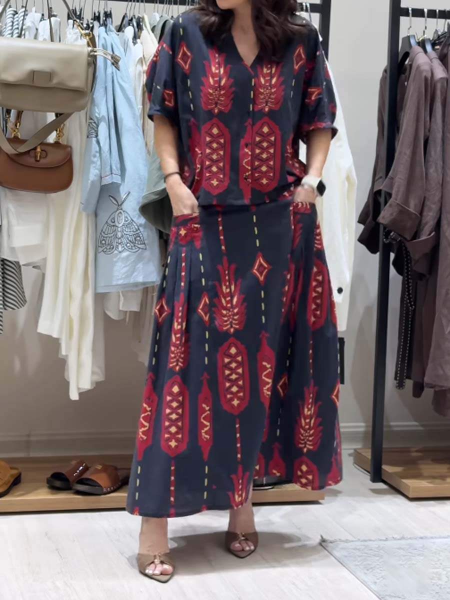Printed V Neck Loose Two Pieces Set