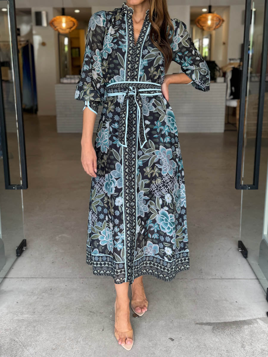 Elegant Printed Belted Maxi Dress