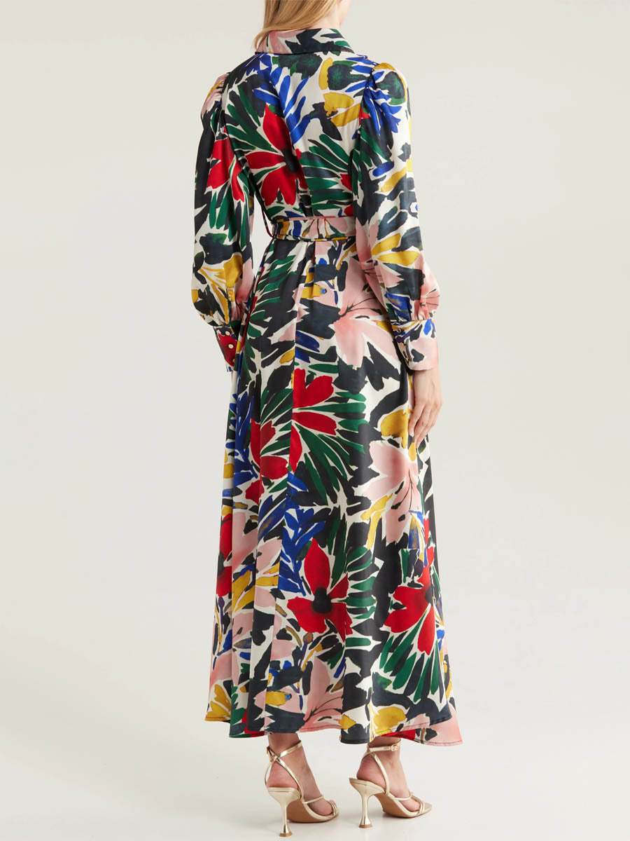Printed Tie-waist Long Sleeve Maxi Dress