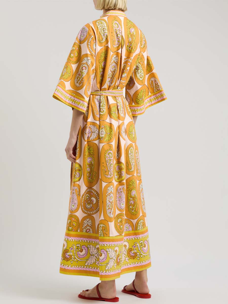 Printed Belted V Neck Maxi Dress
