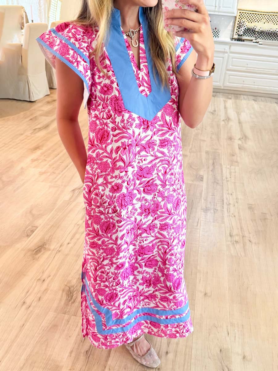 Printed Short Flutter Sleeve Maxi Dress