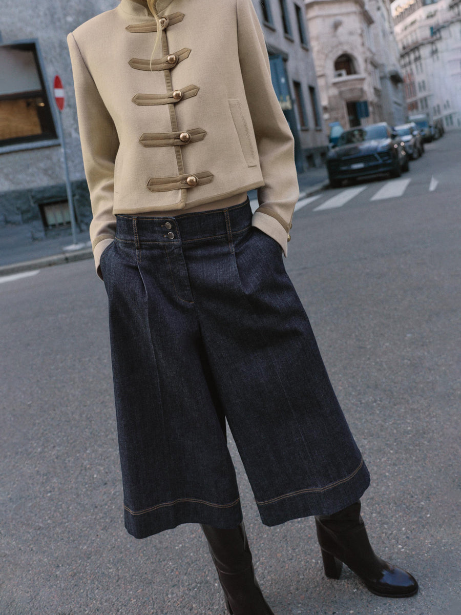 High Neck Shoulder Pads Contrasting Trim Jacket