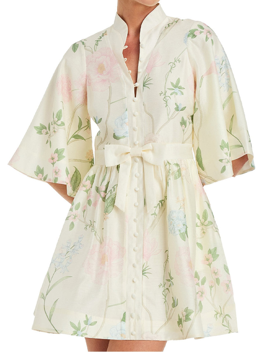Floral Print Mandarin Collar 3/4 Full Sleeve Dress